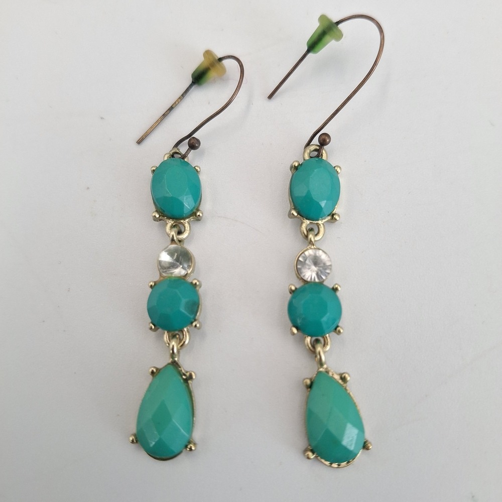 Vintage Boho Turquoise Tiered Dangle Earrings Gold Tone Crystal Accents 2.5"